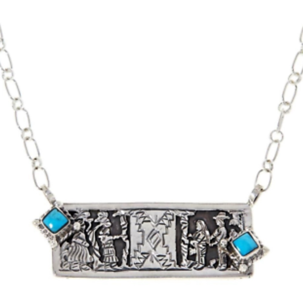 Silver & Kingman turquoise Pendant Necklace with Intricate Details - Woven Rug